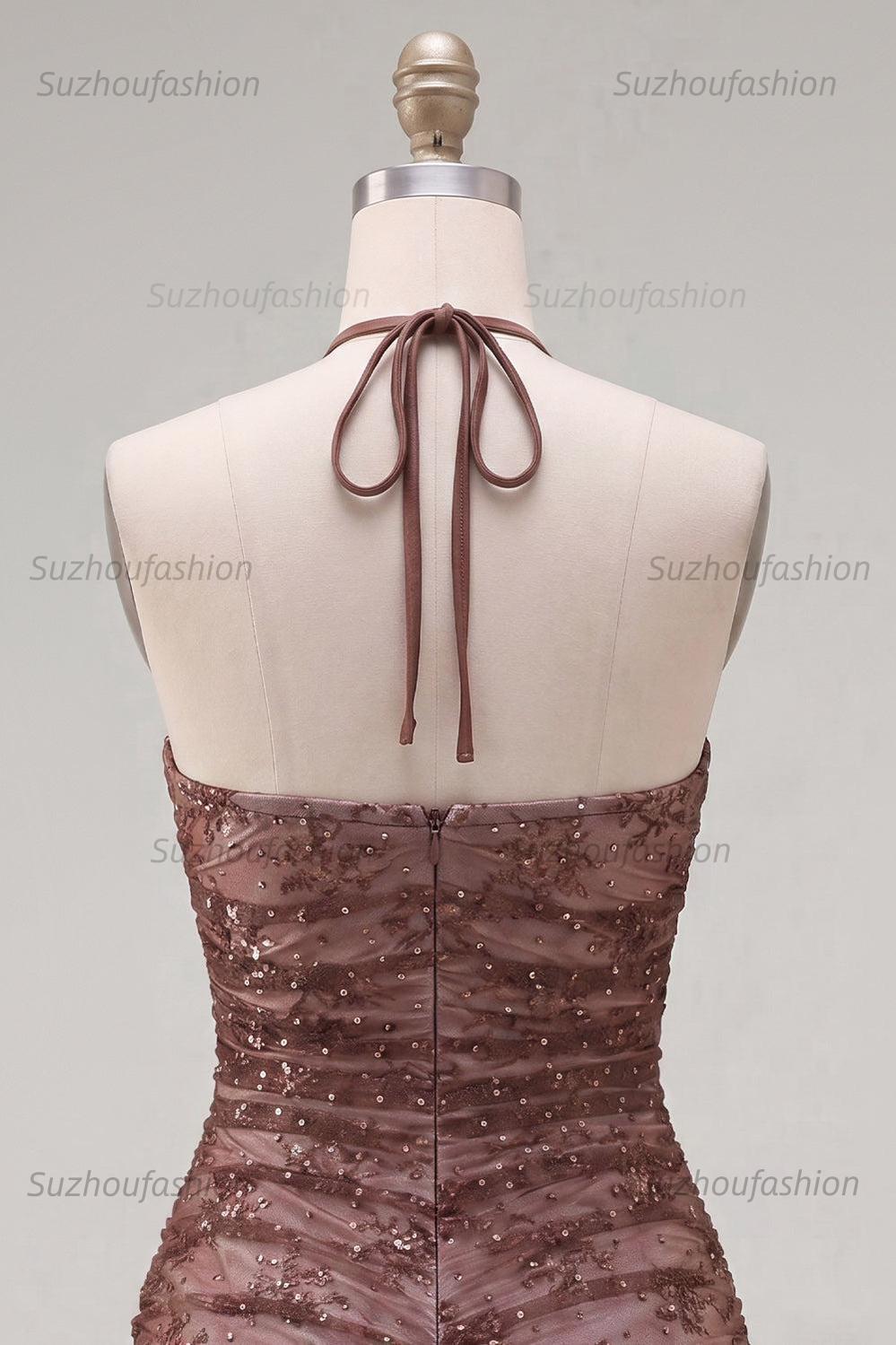 Suzhoufashion Chocolate Brown Halter Beaded Ruched Tight Short Homecoming Dress