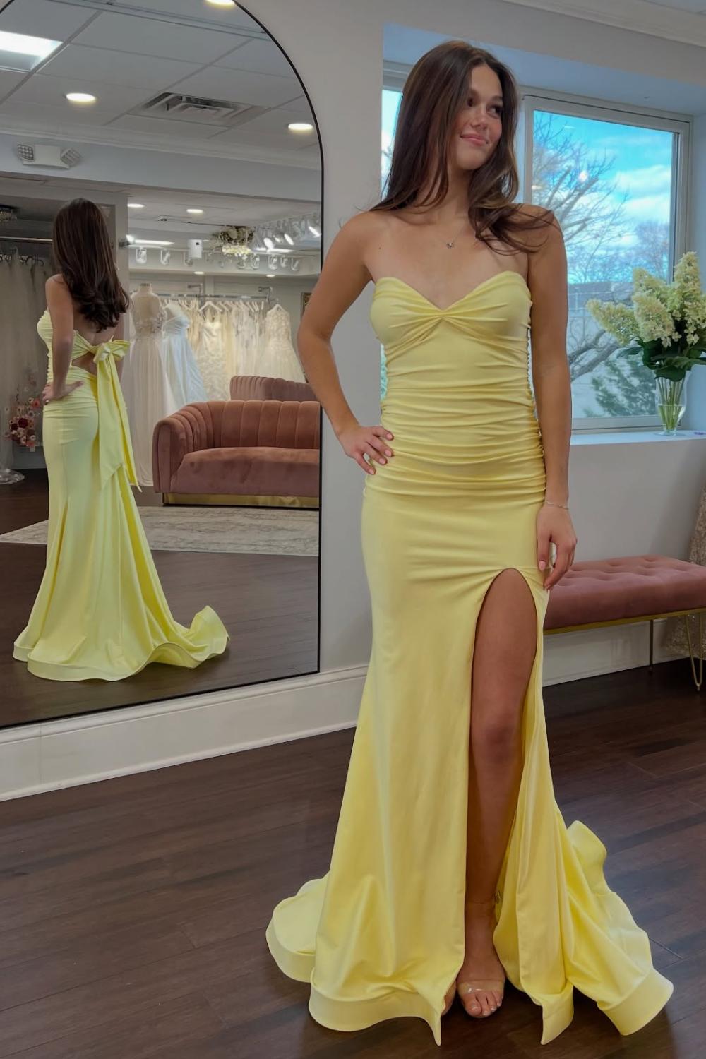 Suzhoufashion Classic Mermaid Sweetheart Yellow Long Prom Dress With Split Front Open Back Formal Evening Gown