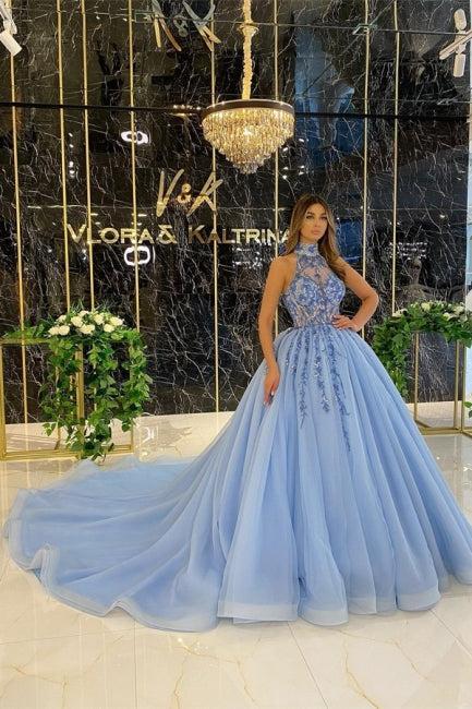 Suzhoufashion Classy Long Blue A-line Halter Sleeveless Beading Evening Gowns With Glitter
