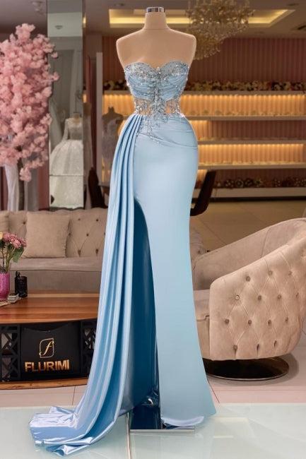 Suzhoufashion Column Slit Front Long Sweetheart Strapless Sleeveless Sky Blue Ruffle Satin Prom Dresses with Beadings
