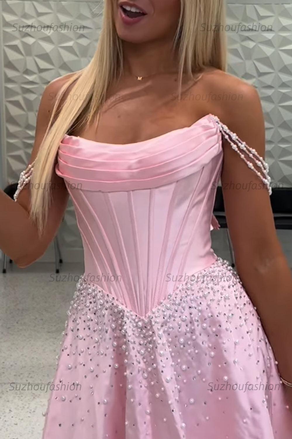 Suzhoufashion Corset Pink Off the Shoulder Pearls Short Homecoming Dress