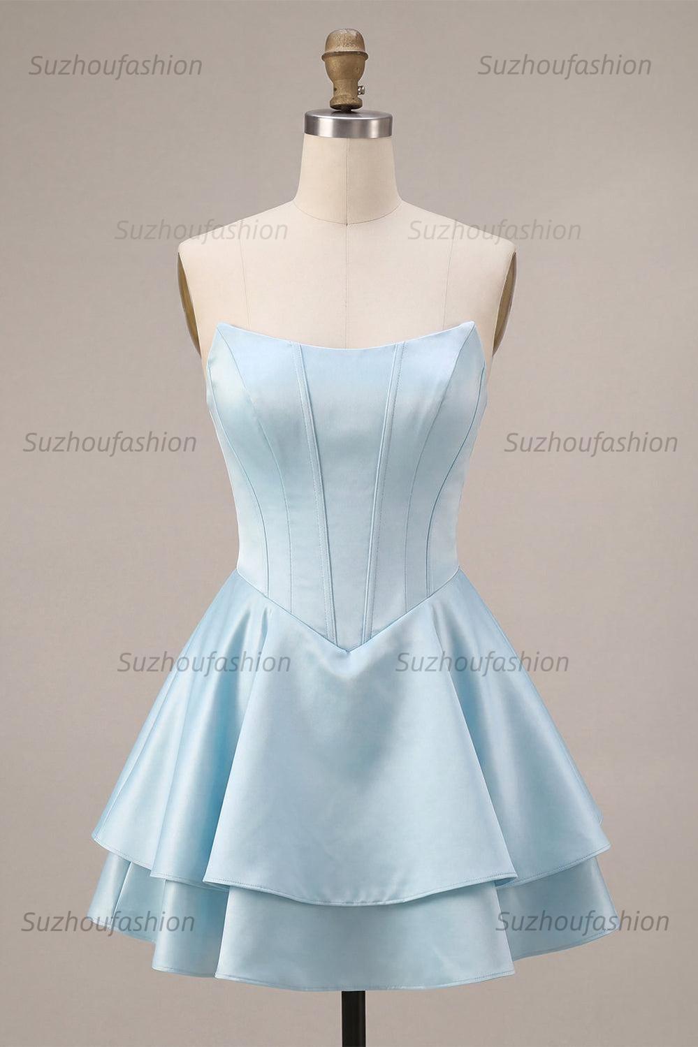 Suzhoufashion Corset Satin Ruffled Sky Blue A Line Short Homecoming Dress