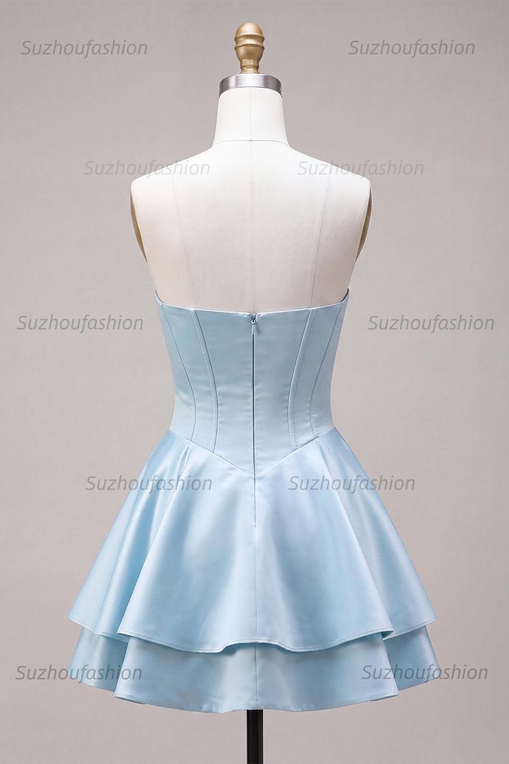 Suzhoufashion Corset Satin Ruffled Sky Blue A Line Short Homecoming Dress