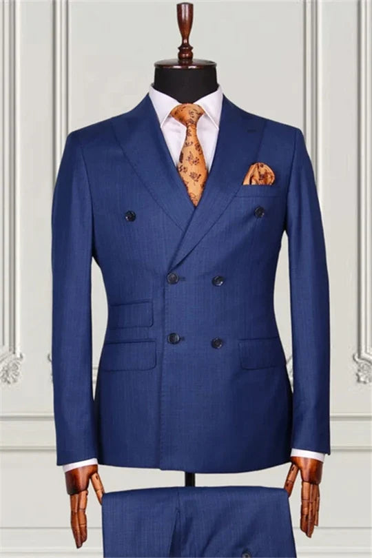 Suzhoufashion Dark Blue Double Breasted Close Fitting Prom Men Suits