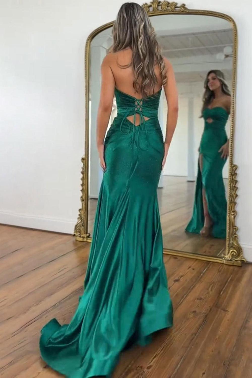 Suzhoufashion Dark Green Mermaid Prom Dress Beaded Sweetheart Satin Long Formal Dress With Slit