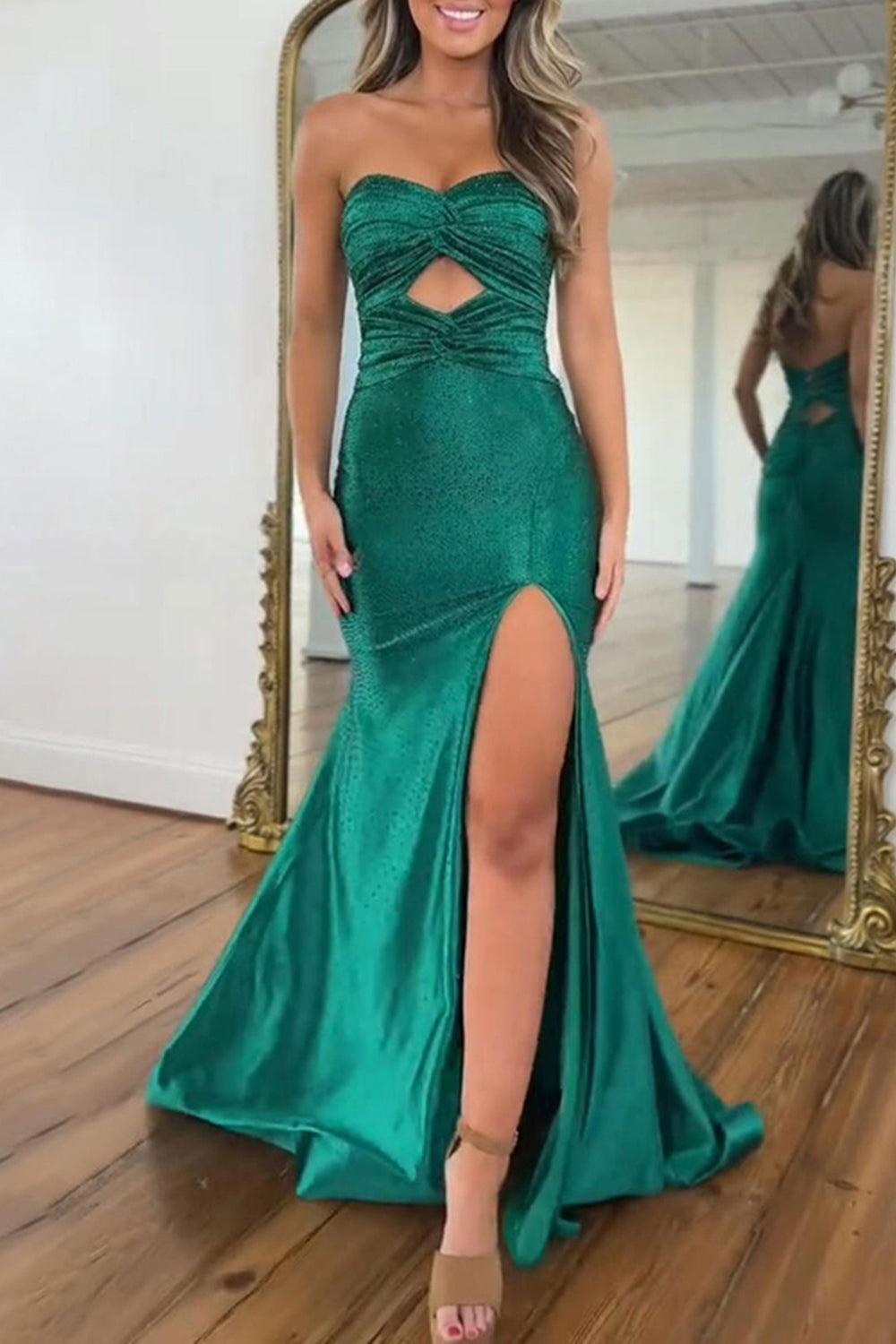 Suzhoufashion Dark Green Mermaid Prom Dress Beaded Sweetheart Satin Long Formal Dress With Slit