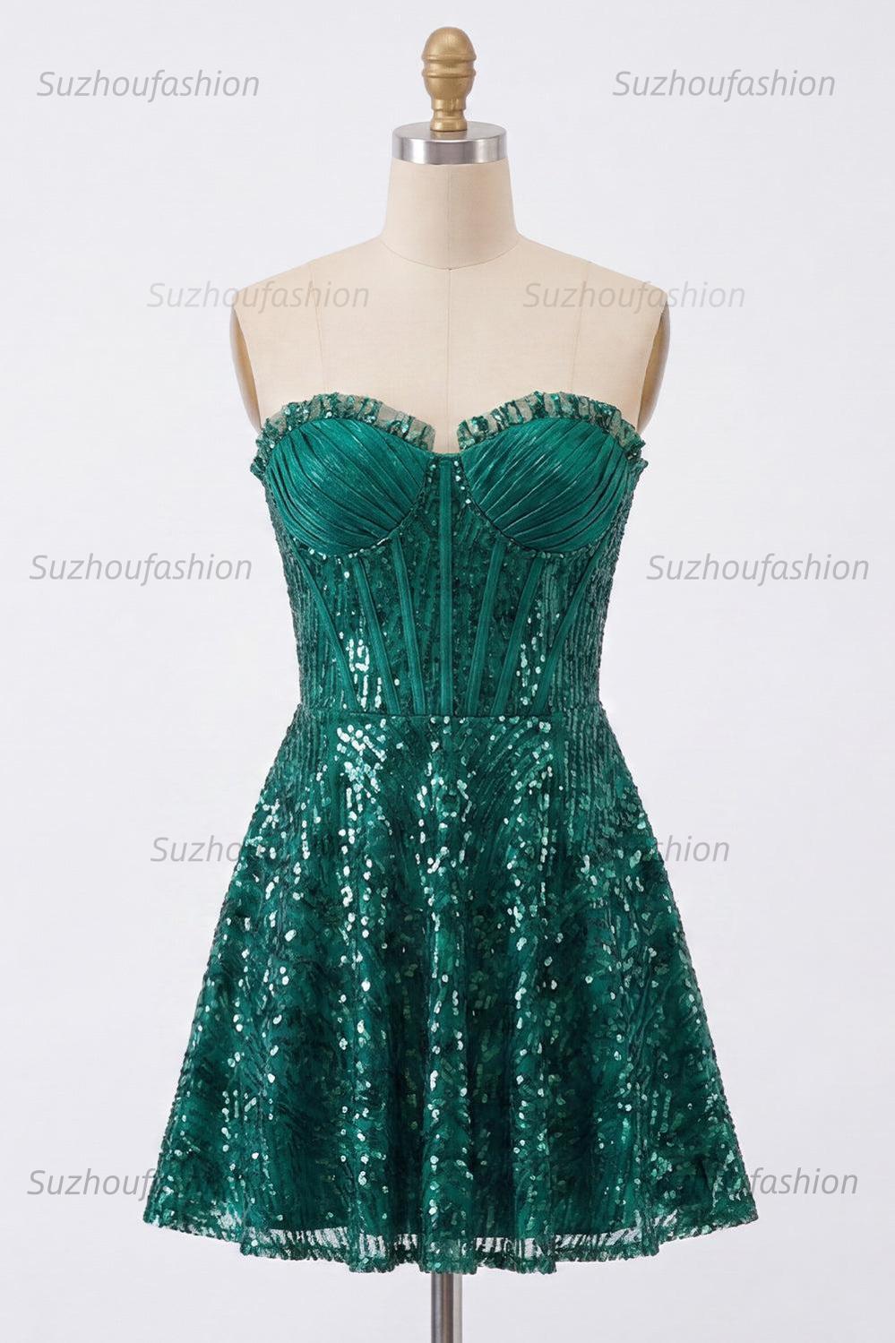 Suzhoufashion Dark Green Strapless Corset A-Line Short Homecoming Dress