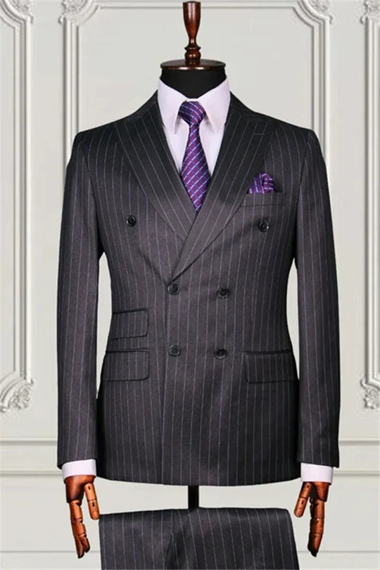 Suzhoufashion Dark Grey Double Breasted Striped Bespoke Men Suits For Business