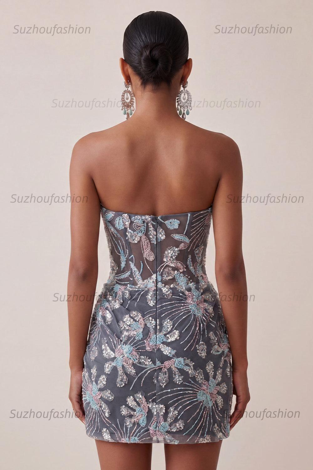 Suzhoufashion Dark Grey Floral Draped Corset Strapless Tight Short Homecoming Dress
