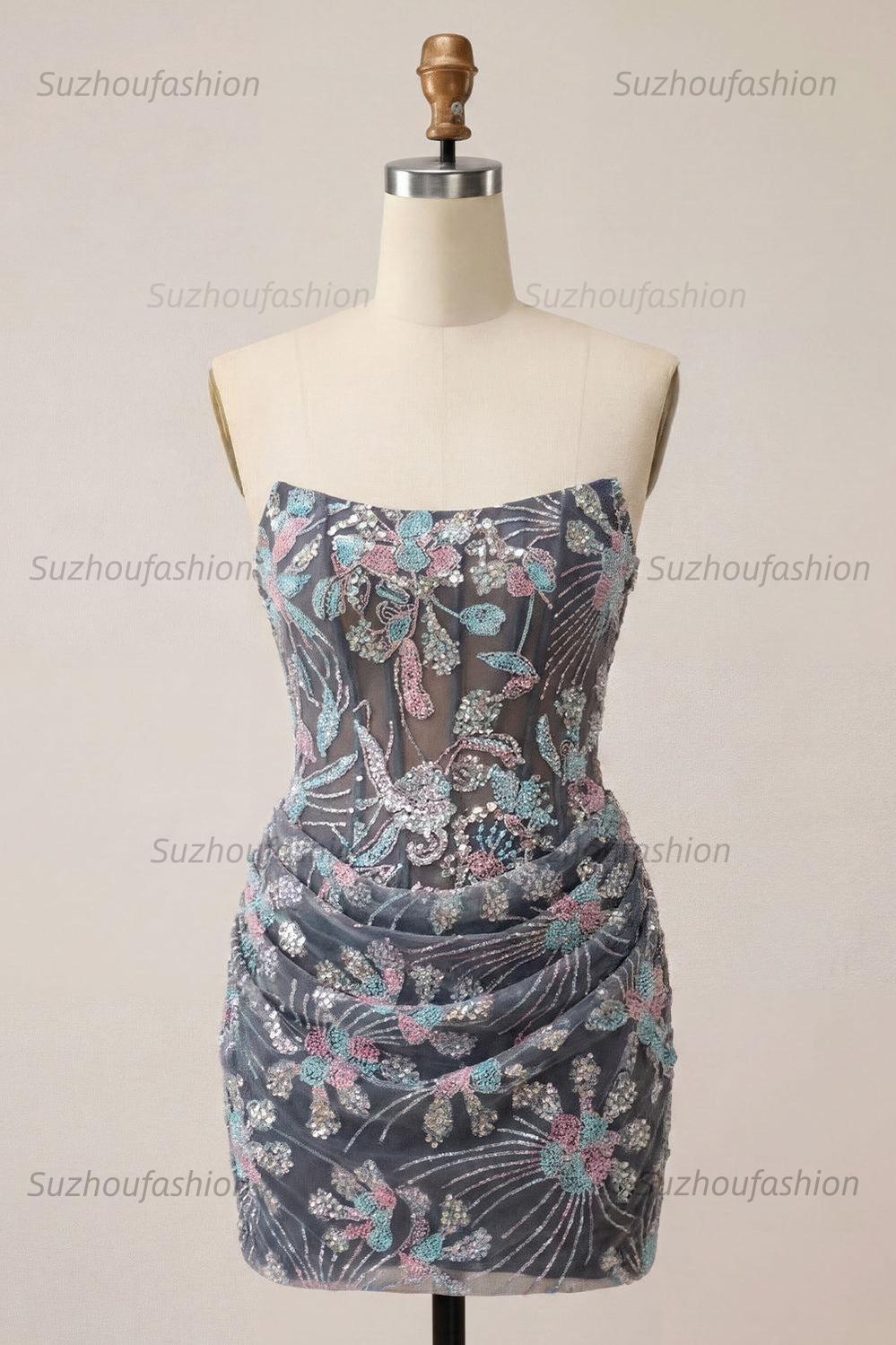 Suzhoufashion Dark Grey Floral Draped Corset Strapless Tight Short Homecoming Dress