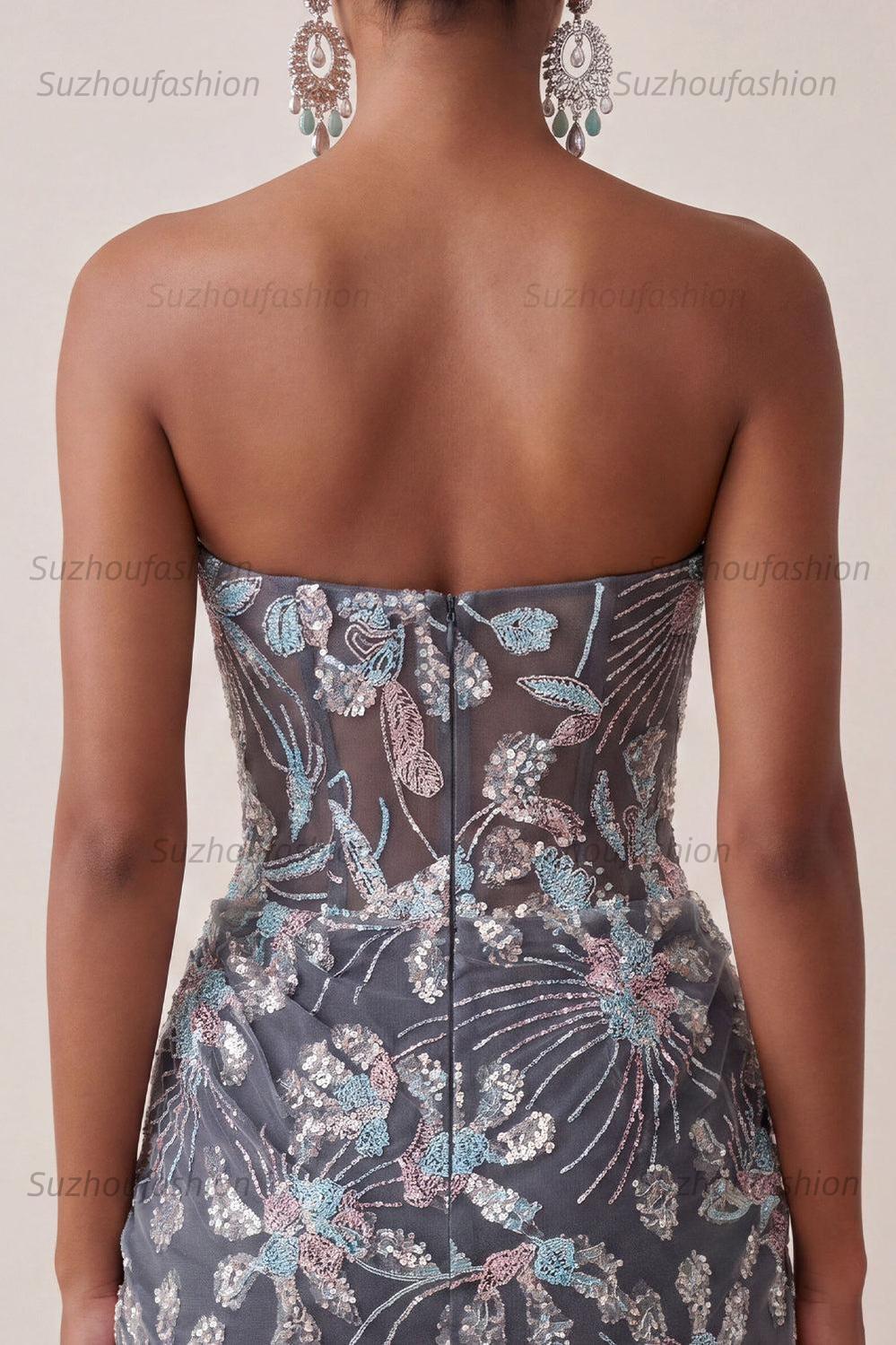 Suzhoufashion Dark Grey Floral Draped Corset Strapless Tight Short Homecoming Dress