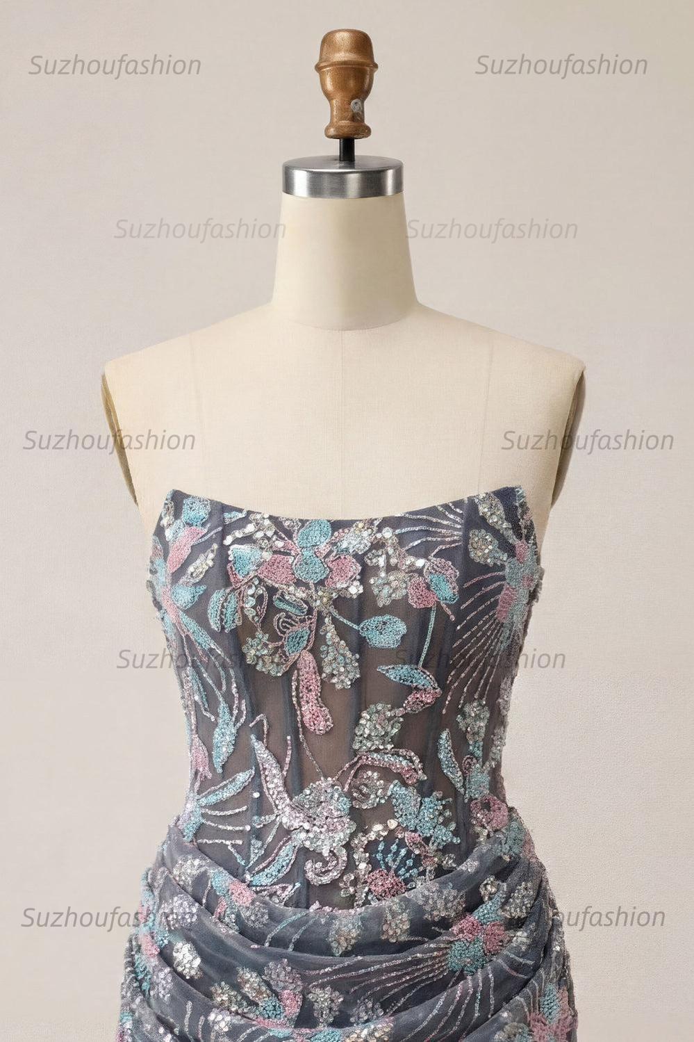 Suzhoufashion Dark Grey Floral Draped Corset Strapless Tight Short Homecoming Dress