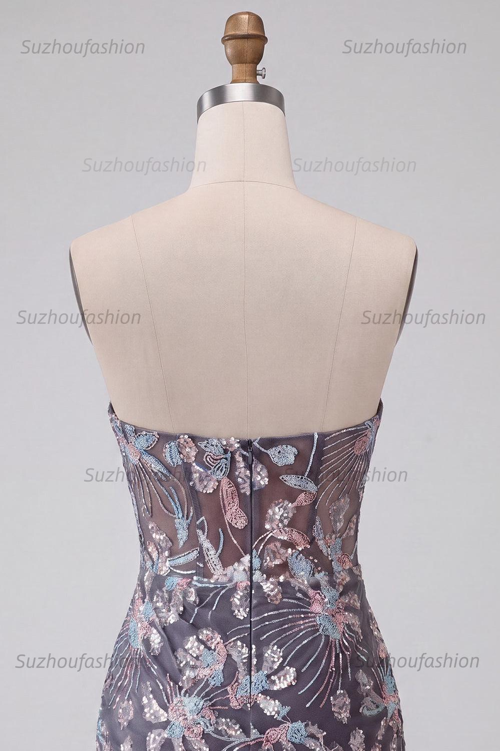 Suzhoufashion Dark Grey Floral Draped Corset Strapless Tight Short Homecoming Dress