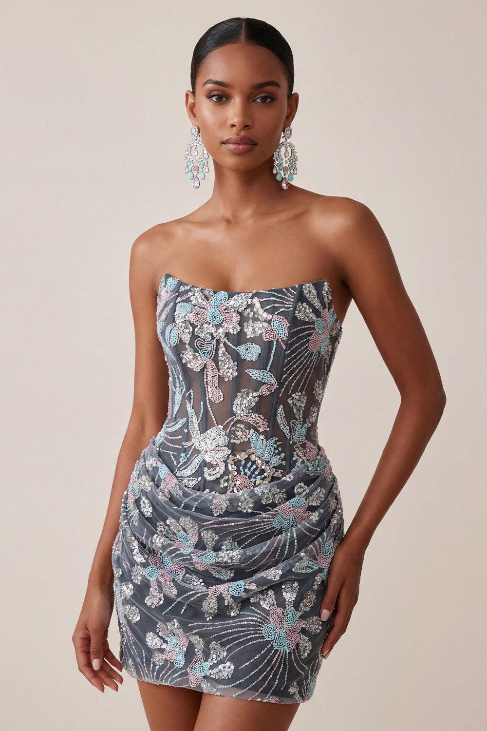 Suzhoufashion Dark Grey Floral Draped Corset Strapless Tight Short Homecoming Dress