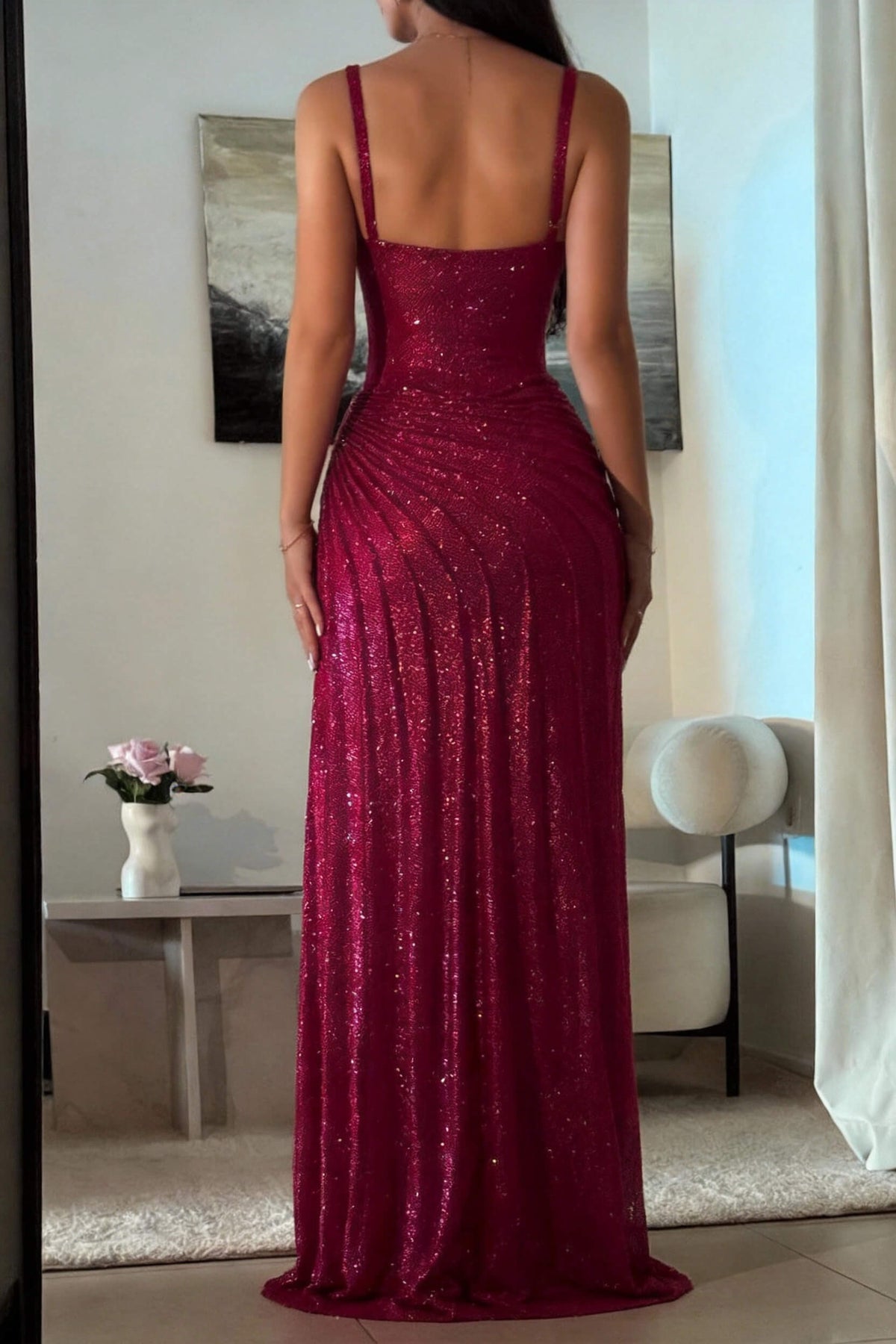 Suzhoufashion Dark Red Glitter Bodycon Homecoming Dress With Sweetheart Neck Spaghetti Straps Ruched Side Slit Formal Evening Gown