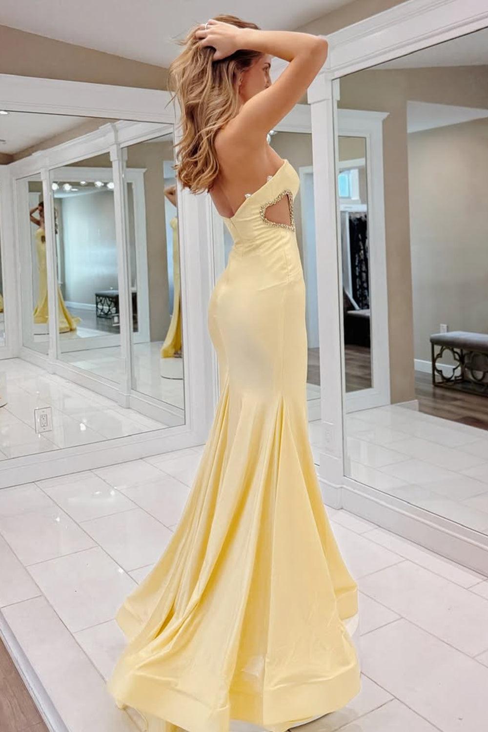 Suzhoufashion Dazzling Yellow Mermaid Strapless Dress With Flowing Slit Prom Dress Formal Evening Gown