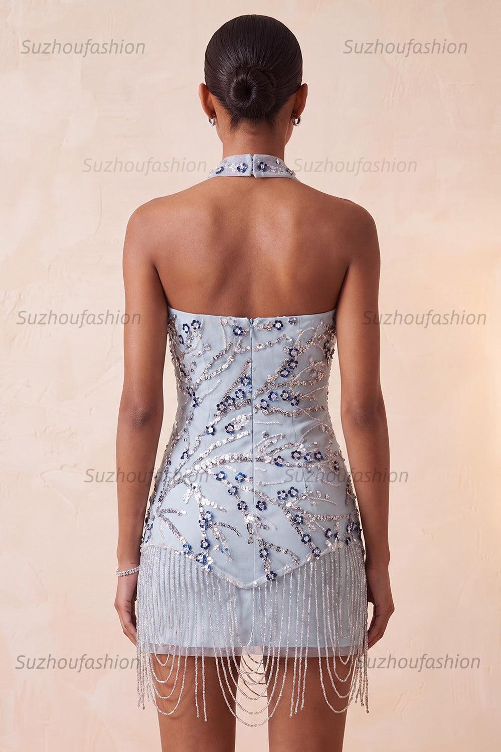 Suzhoufashion Dusty Blue Floral Fringed Sequins Tight Short Homecoming Dress