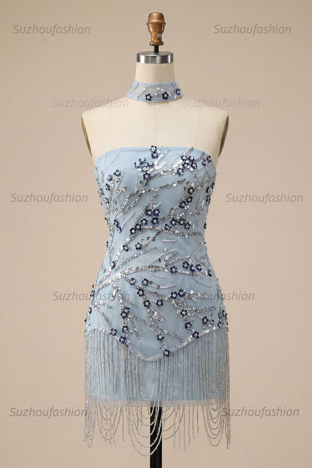 Suzhoufashion Dusty Blue Floral Fringed Sequins Tight Short Homecoming Dress