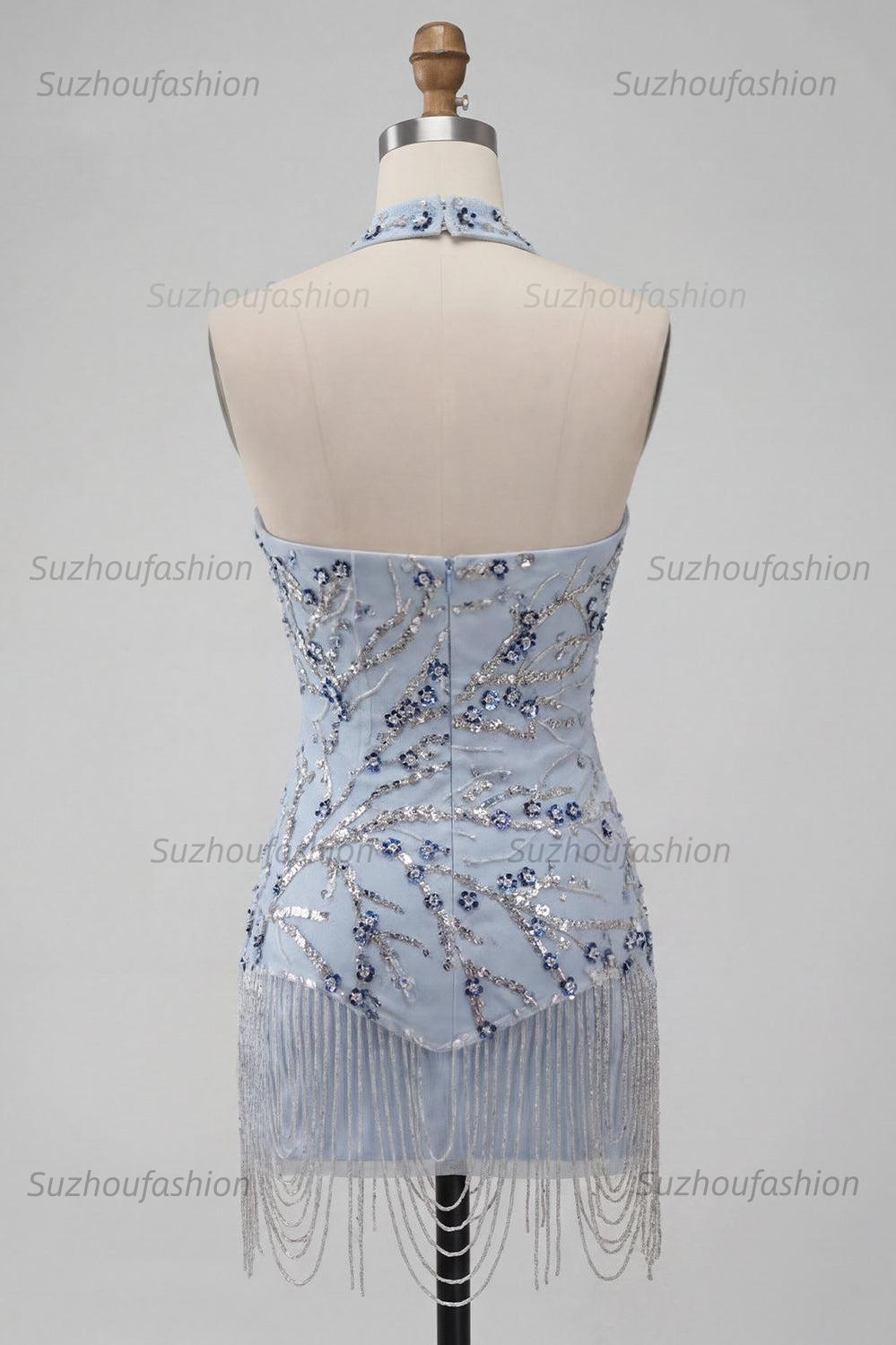 Suzhoufashion Dusty Blue Floral Fringed Sequins Tight Short Homecoming Dress