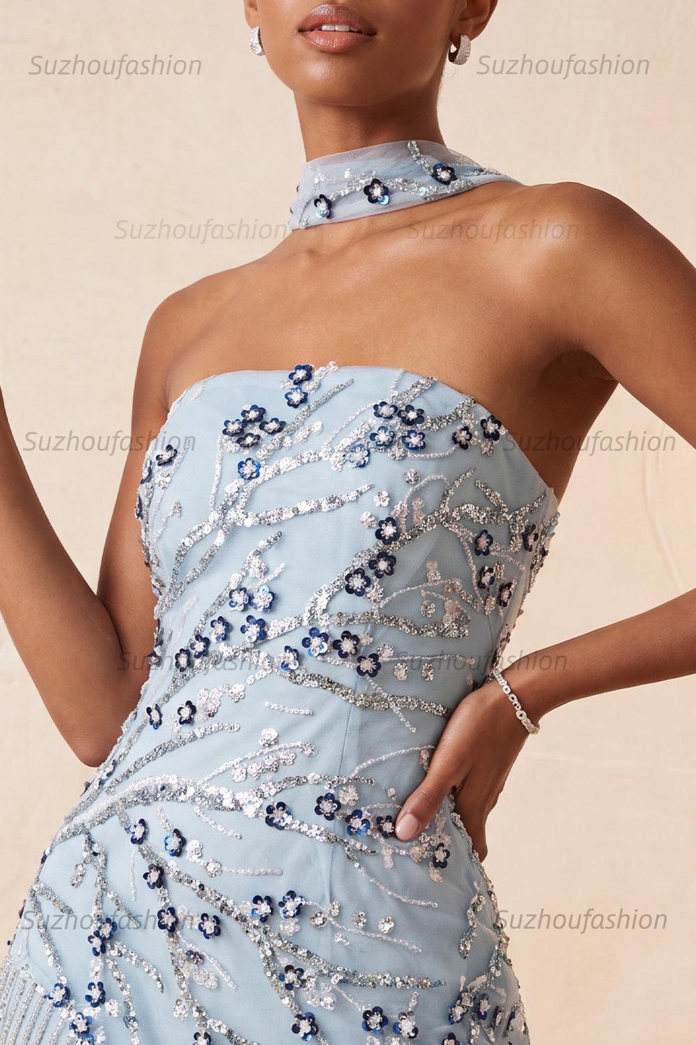 Suzhoufashion Dusty Blue Floral Fringed Sequins Tight Short Homecoming Dress