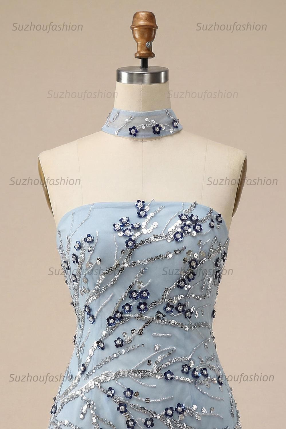 Suzhoufashion Dusty Blue Floral Fringed Sequins Tight Short Homecoming Dress