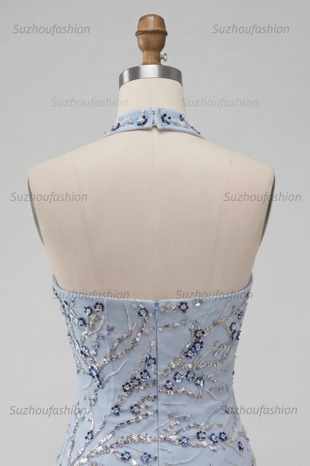Suzhoufashion Dusty Blue Floral Fringed Sequins Tight Short Homecoming Dress