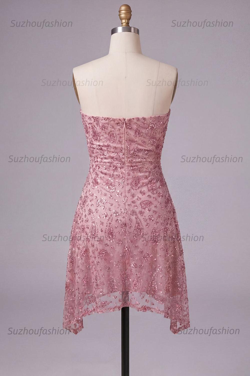 Suzhoufashion Dusty Rose Beaded Ruched Strapless Short Homecoming Dress