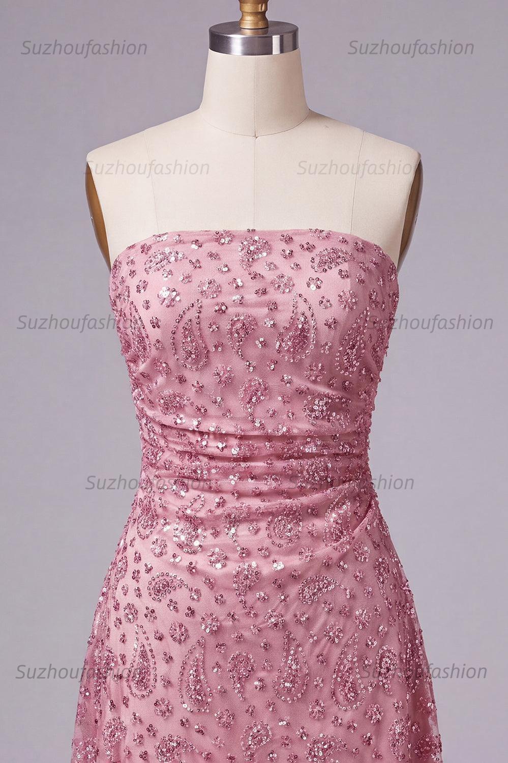 Suzhoufashion Dusty Rose Beaded Ruched Strapless Short Homecoming Dress