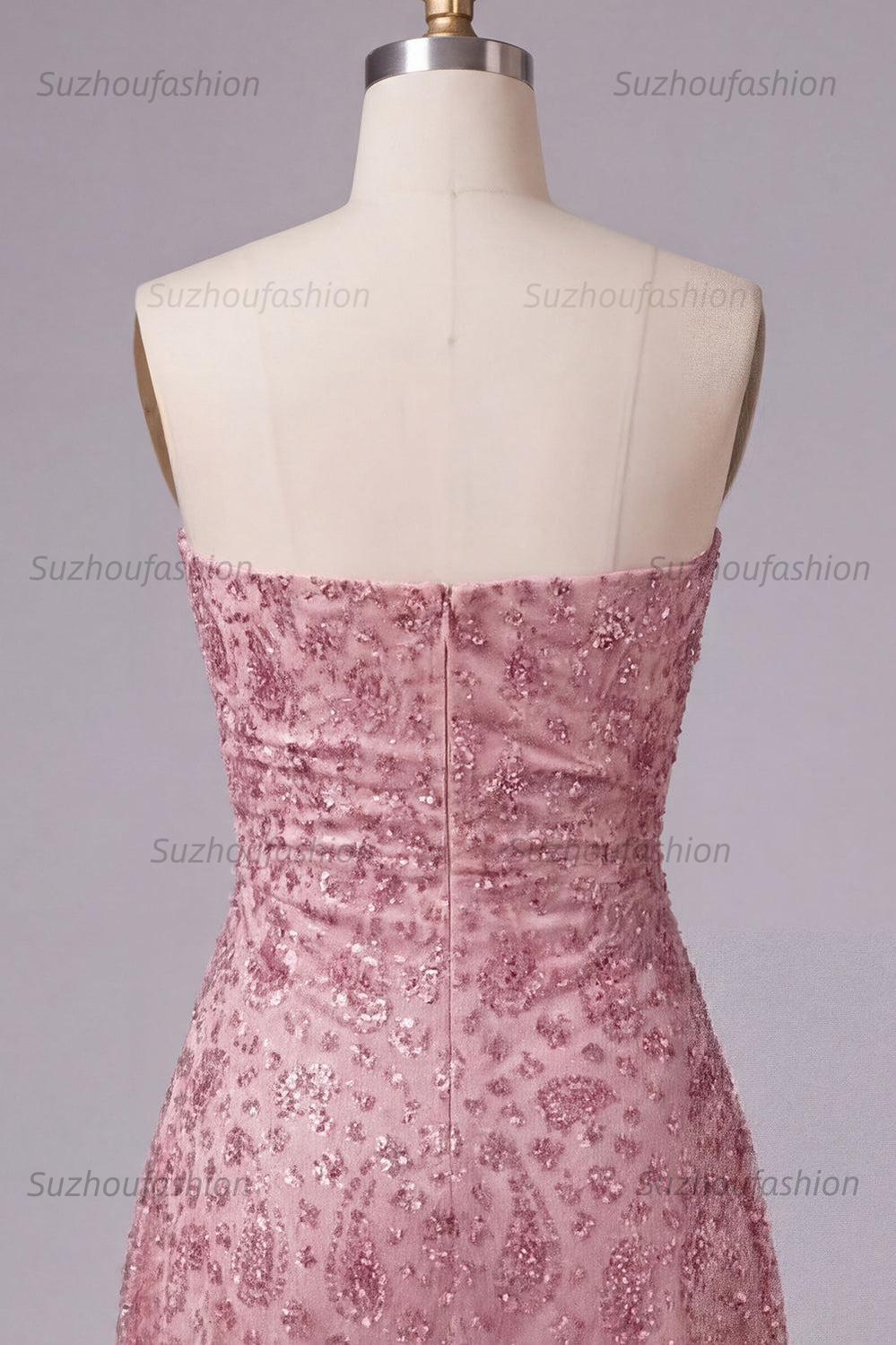 Suzhoufashion Dusty Rose Beaded Ruched Strapless Short Homecoming Dress