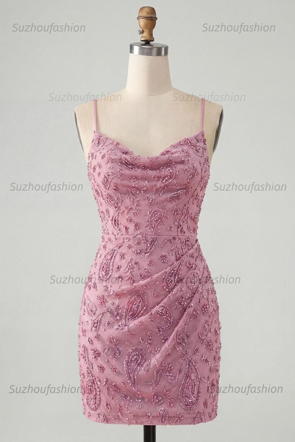 Suzhoufashion Dusty Rose Beaded Ruched Tight Cowl Neck Short Homecoming Dress