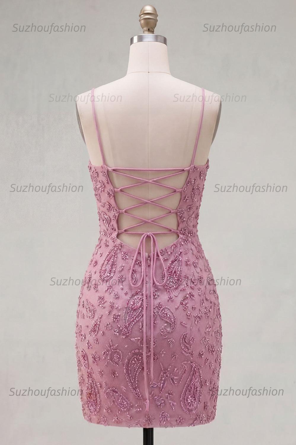 Suzhoufashion Dusty Rose Beaded Ruched Tight Cowl Neck Short Homecoming Dress