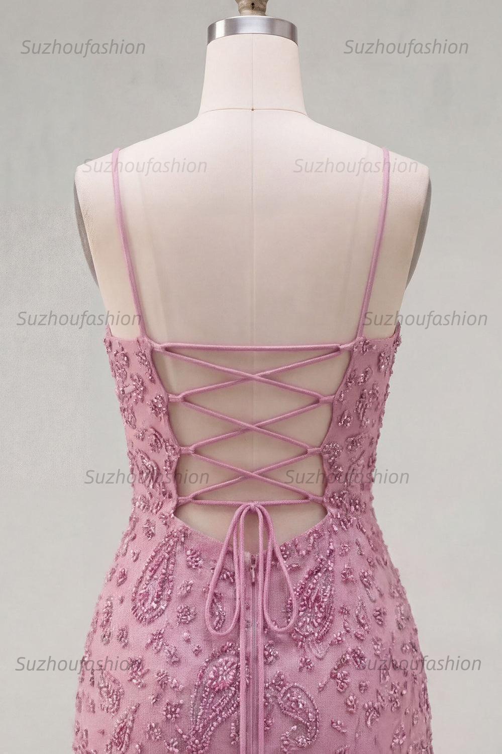 Suzhoufashion Dusty Rose Beaded Ruched Tight Cowl Neck Short Homecoming Dress