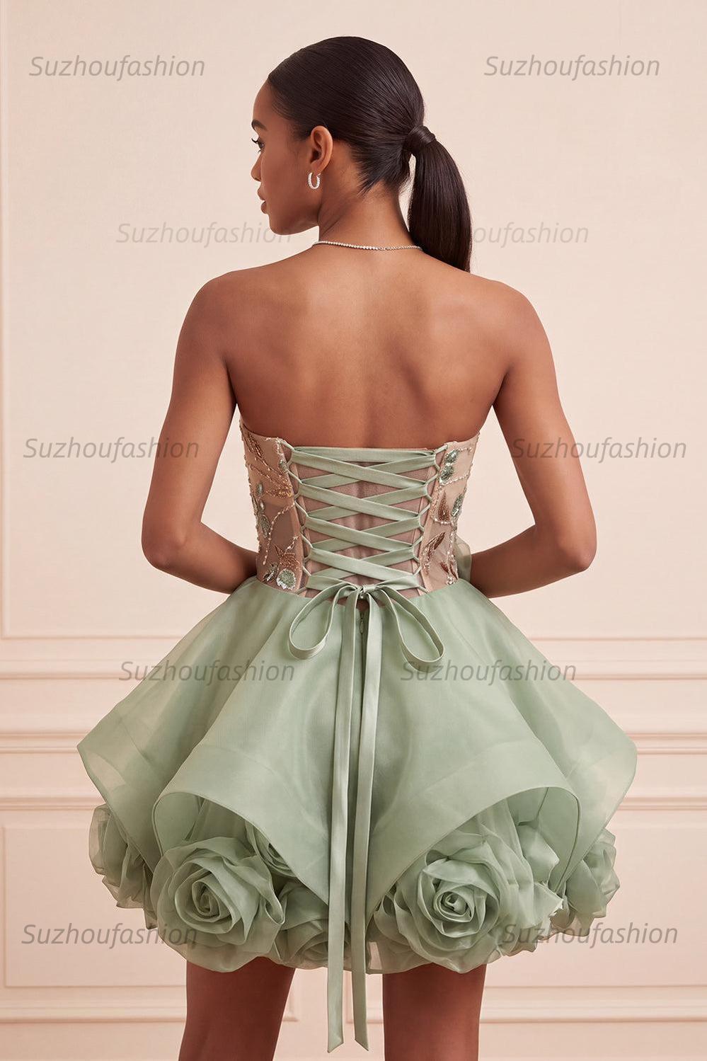 Suzhoufashion Dusty Sage Beaded A Line Corset Short Homecoming Dress with 3D Flowers