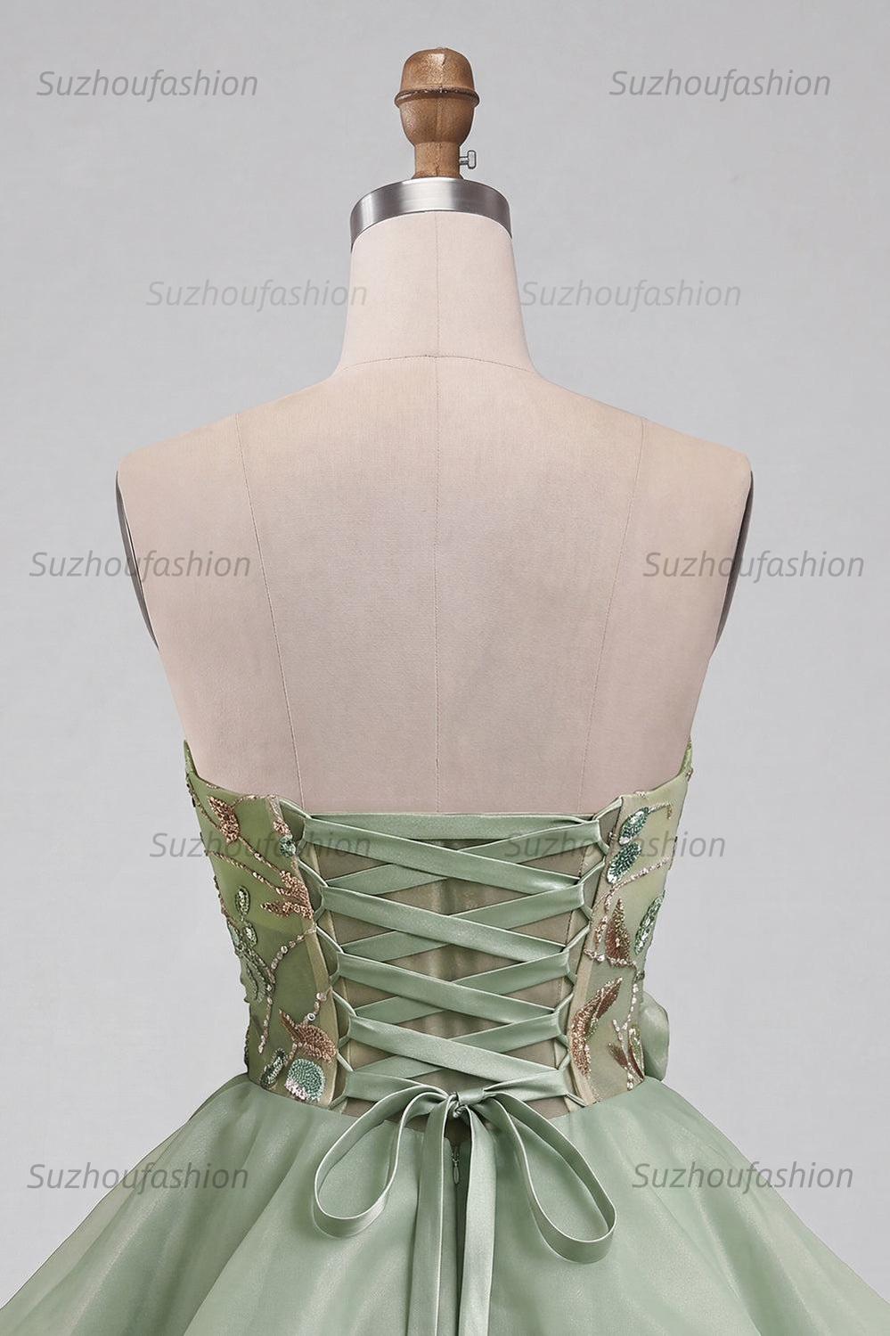 Suzhoufashion Dusty Sage Beaded A Line Corset Short Homecoming Dress with 3D Flowers