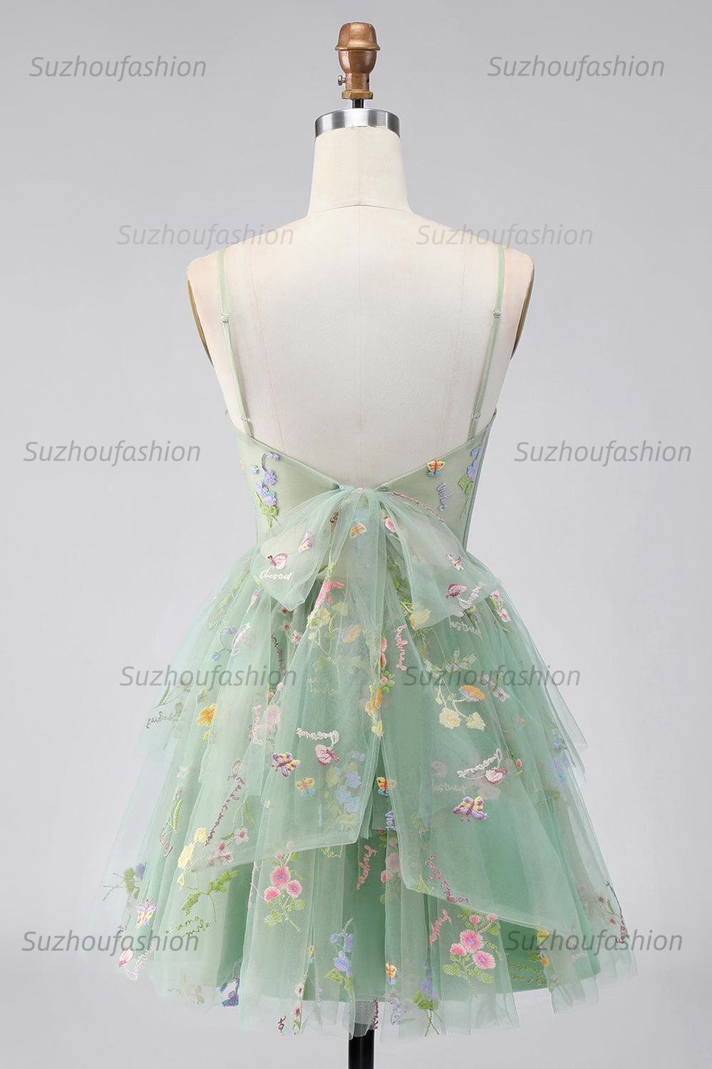 Suzhoufashion Dusty Sage Floral Corset A-Line Short Homecoming Dress with Ruffles