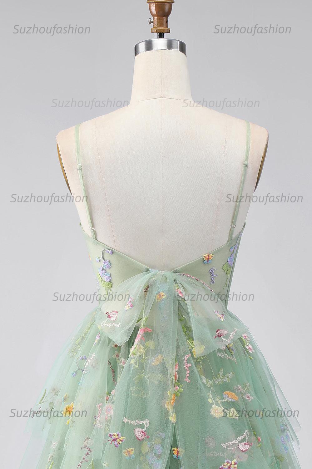 Suzhoufashion Dusty Sage Floral Corset A-Line Short Homecoming Dress with Ruffles