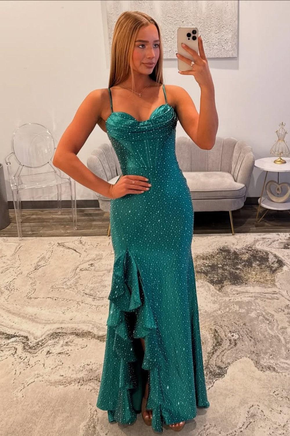 Suzhoufashion Elegant Emerald Green Spaghetti Straps Prom Dress With High Slit Formal Evening Gown