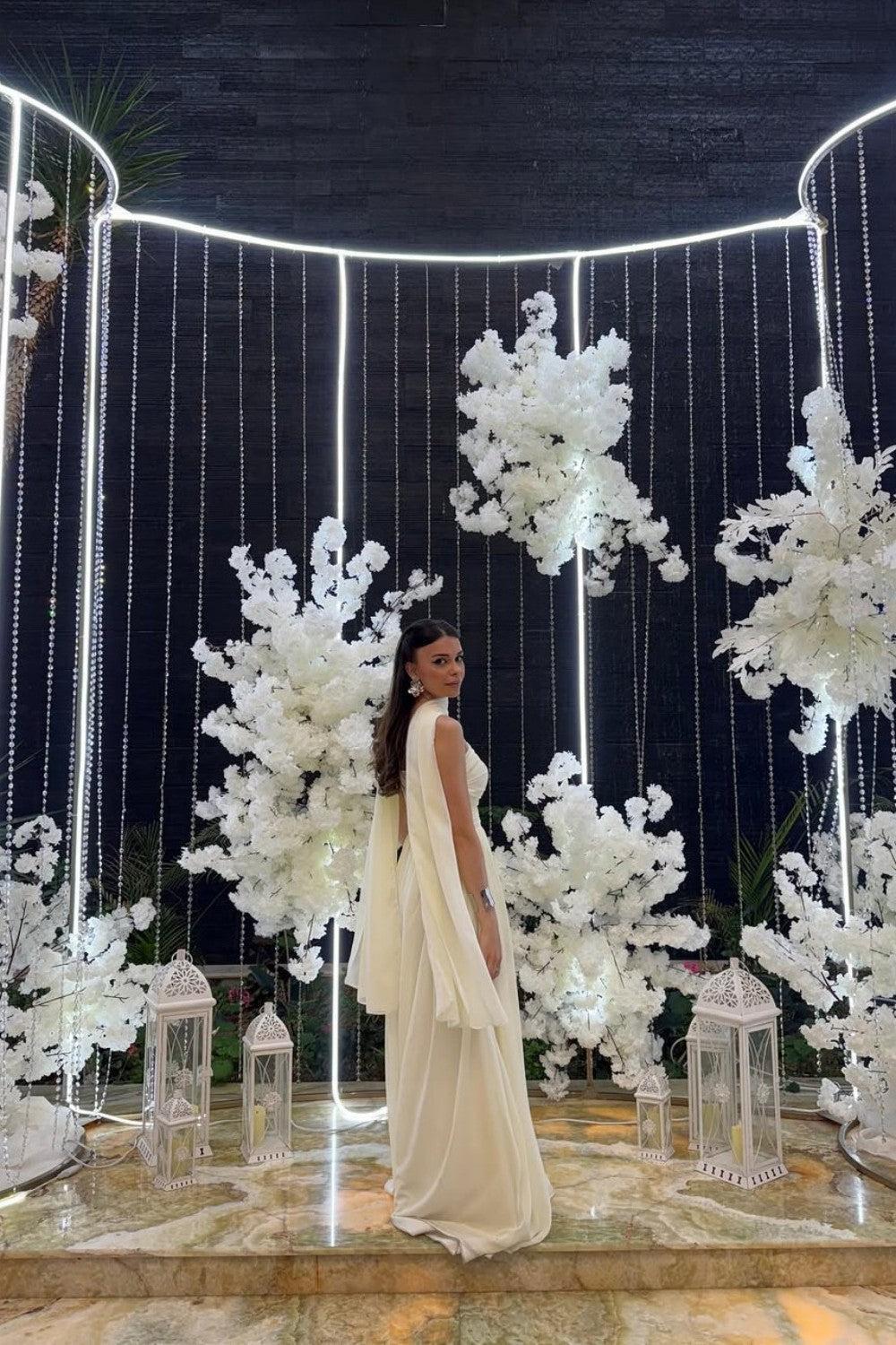Suzhoufashion Elegant Strapless A-Line Chiffon Long Prom Dress With Scarf Detail Formal Evening Gown