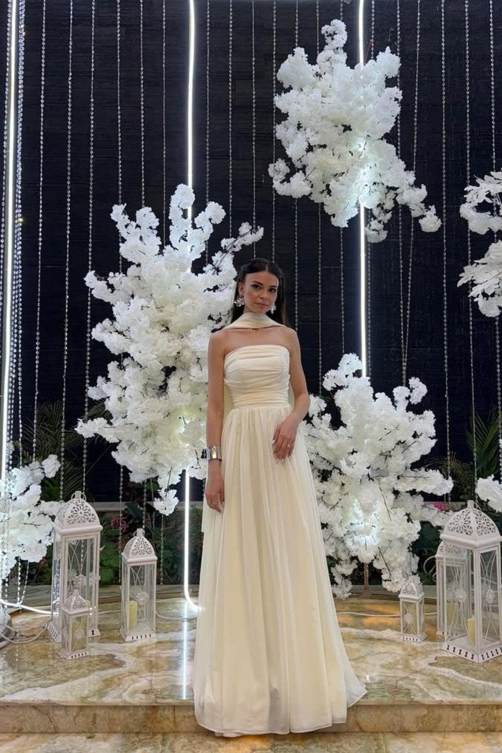 Suzhoufashion Elegant Strapless A-Line Chiffon Long Prom Dress With Scarf Detail Formal Evening Gown