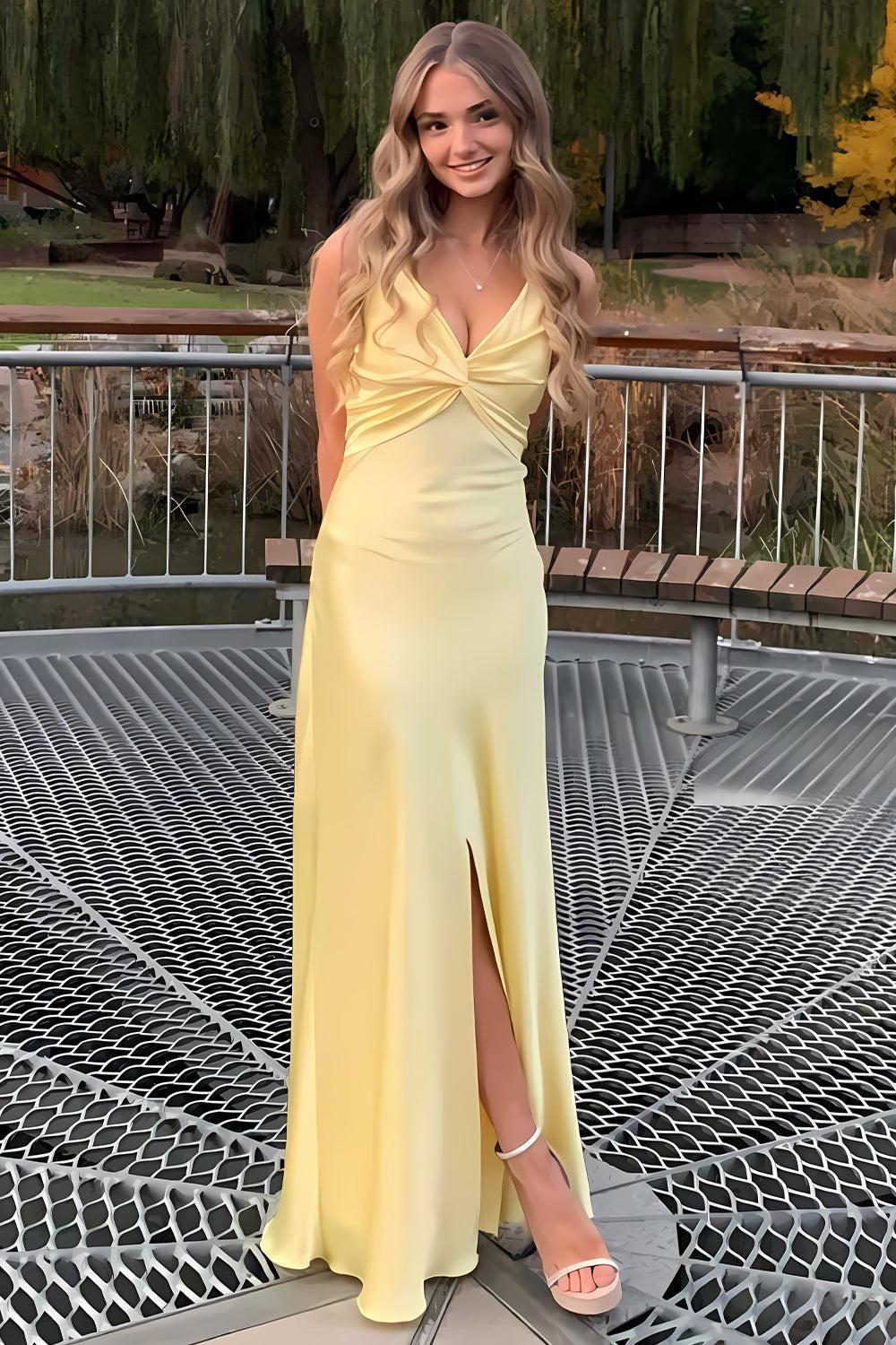 Suzhoufashion Elegant Yellow V-Neck Back Satin Gown With Front Twist Formal Evening Gown