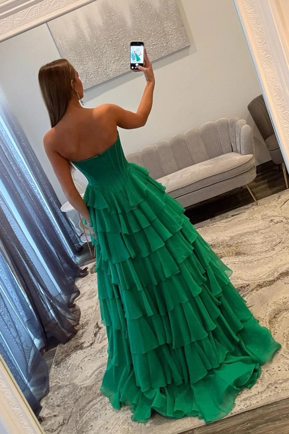 Suzhoufashion Emerald Green Sweetheart Corset Prom Dress With Tiered Ruffles And High Slit Formal Evening Gown