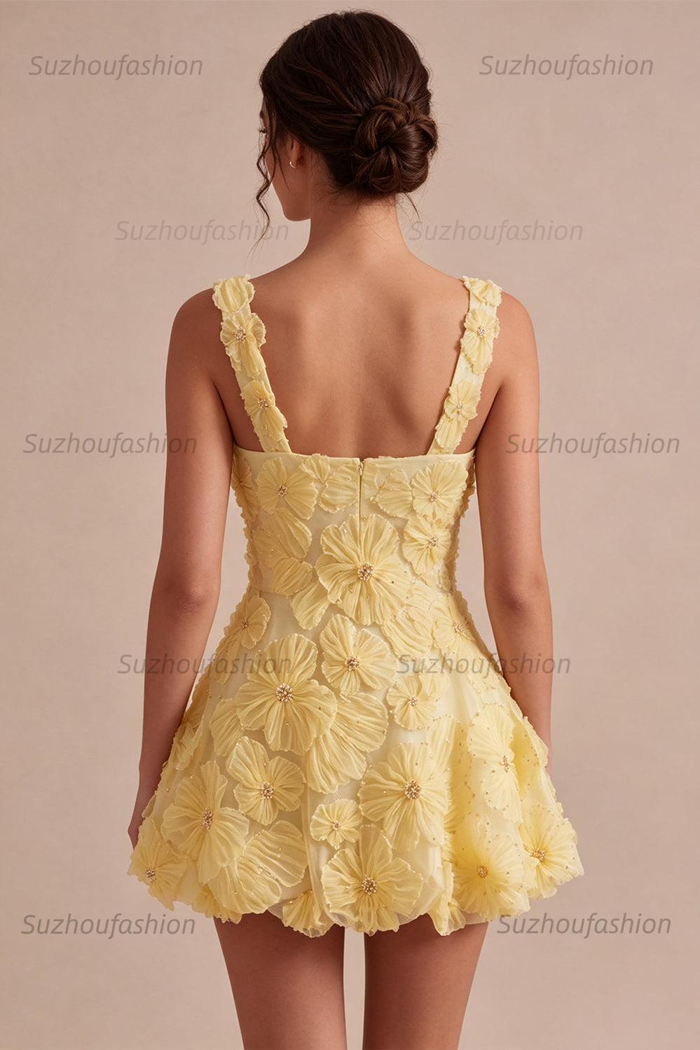 Suzhoufashion Floral A Line Beaded Light Yellow Bubble Short Homecoming Dress
