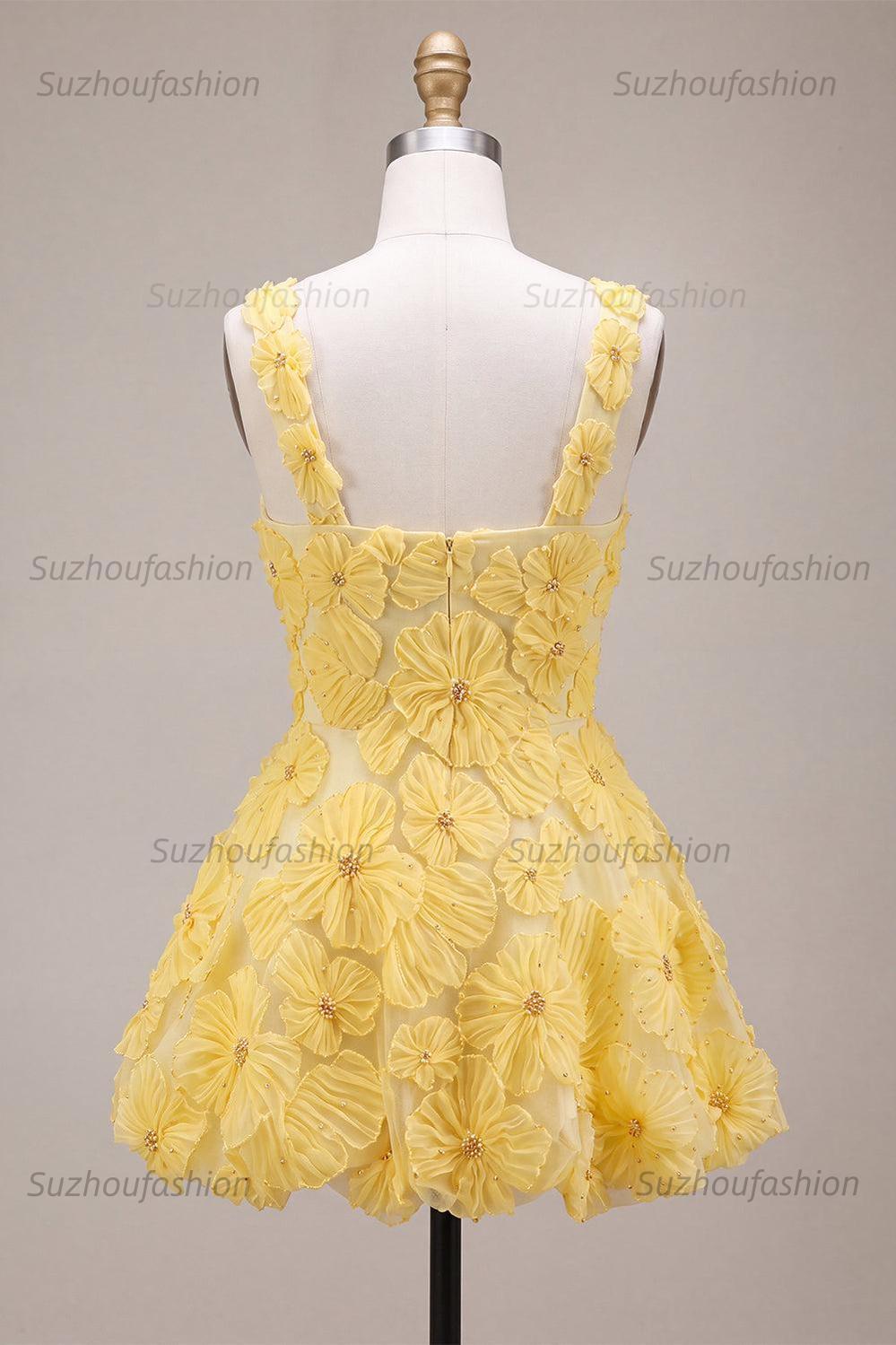 Suzhoufashion Floral A Line Beaded Light Yellow Bubble Short Homecoming Dress