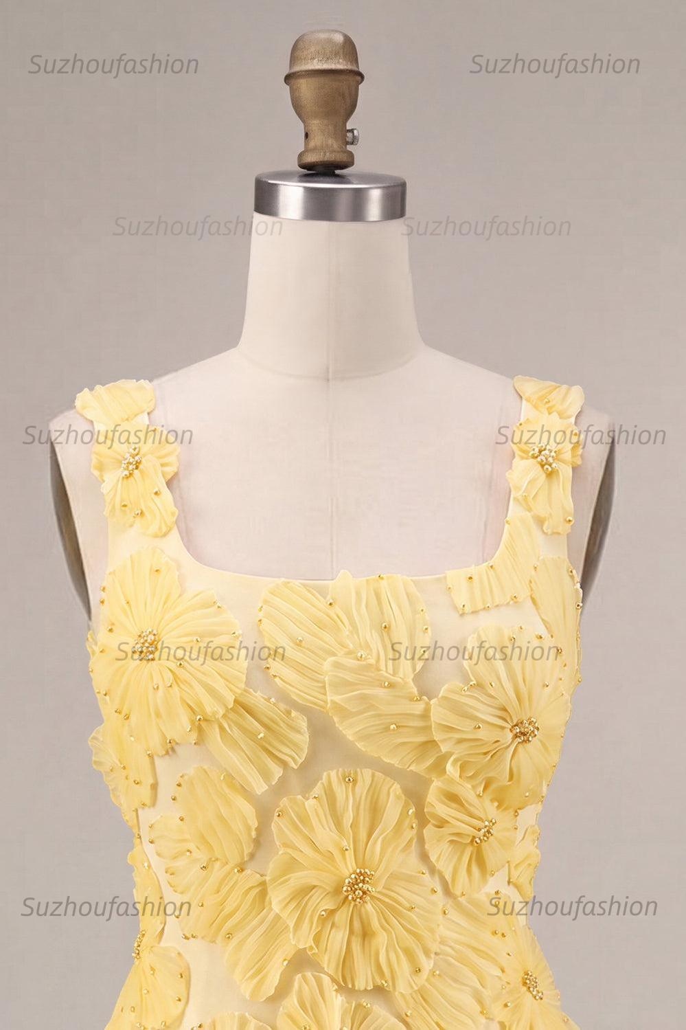 Suzhoufashion Floral A Line Beaded Light Yellow Bubble Short Homecoming Dress
