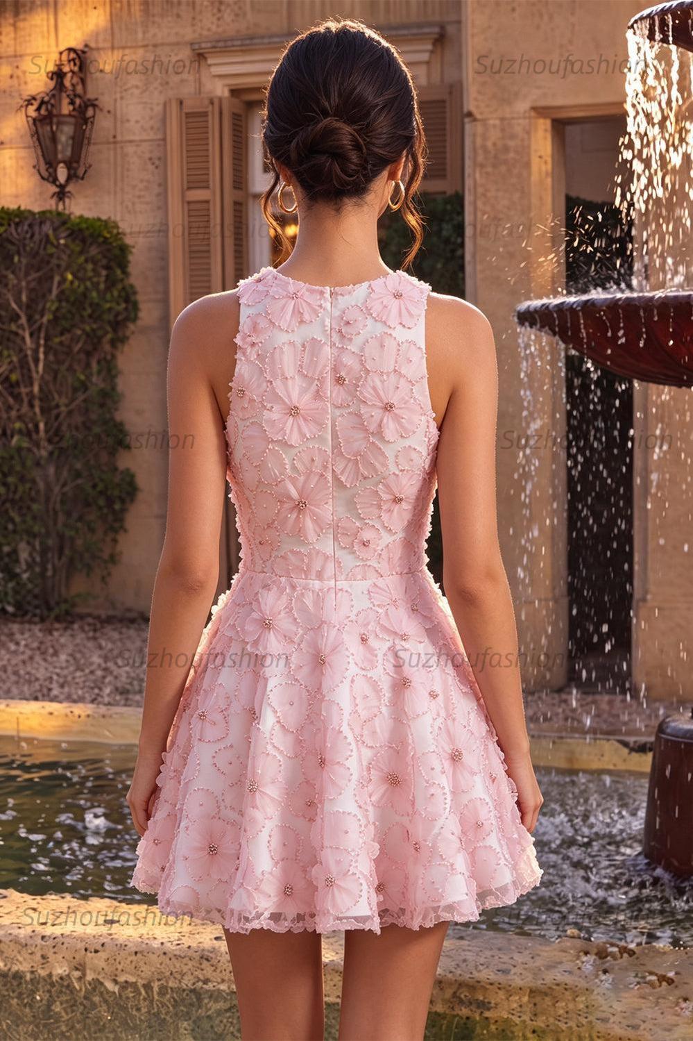 Suzhoufashion Floral Beaded Pink A Line Round Neck Short Homecoming Dress