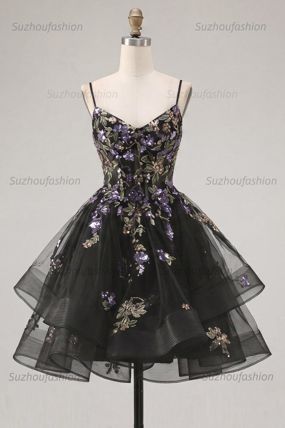 Suzhoufashion Floral Black A-Line Ruffled Short Corset Homecoming Dress