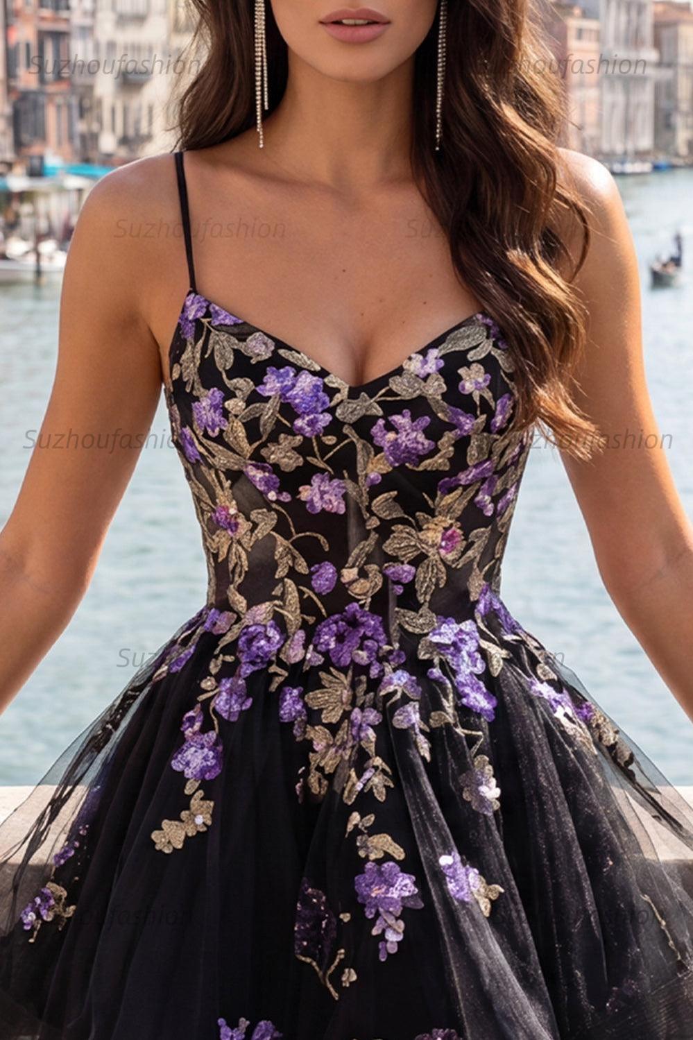 Suzhoufashion Floral Black A-Line Ruffled Short Corset Homecoming Dress