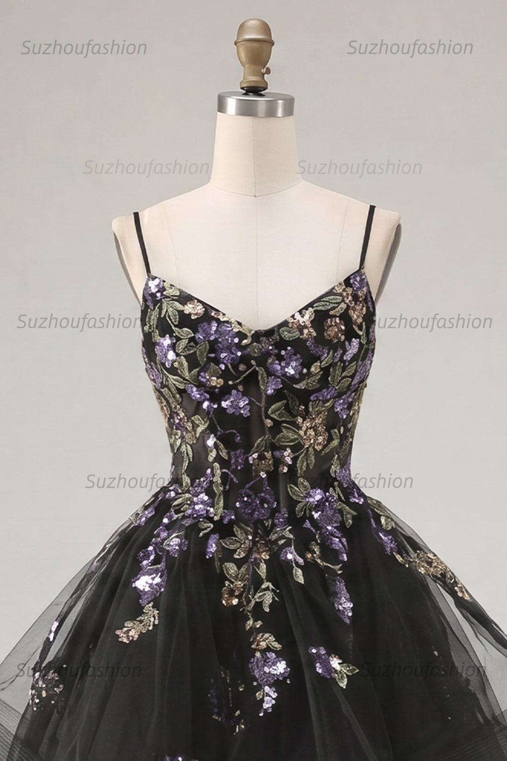 Suzhoufashion Floral Black A-Line Ruffled Short Corset Homecoming Dress