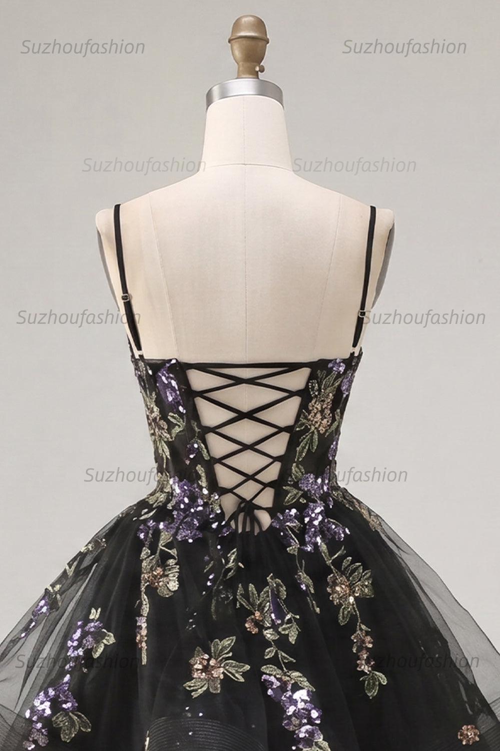 Suzhoufashion Floral Black A-Line Ruffled Short Corset Homecoming Dress