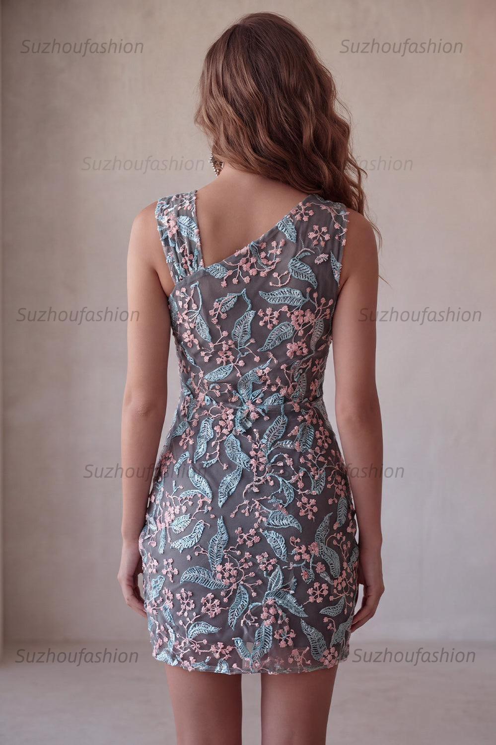 Suzhoufashion Floral Black Ruched Tight Short Homecoming Dress with Rhinestone